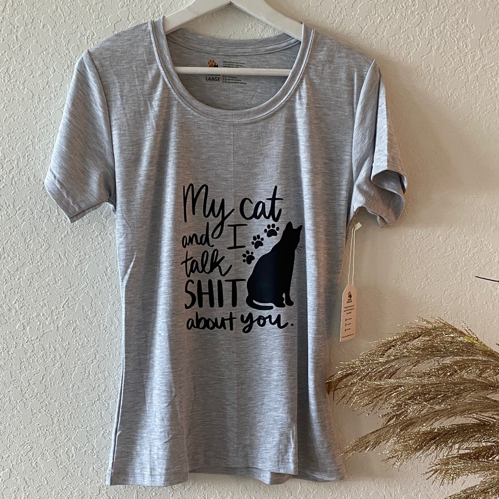 Gray graphic cat design T-shirt for women size L NWT limited edition
